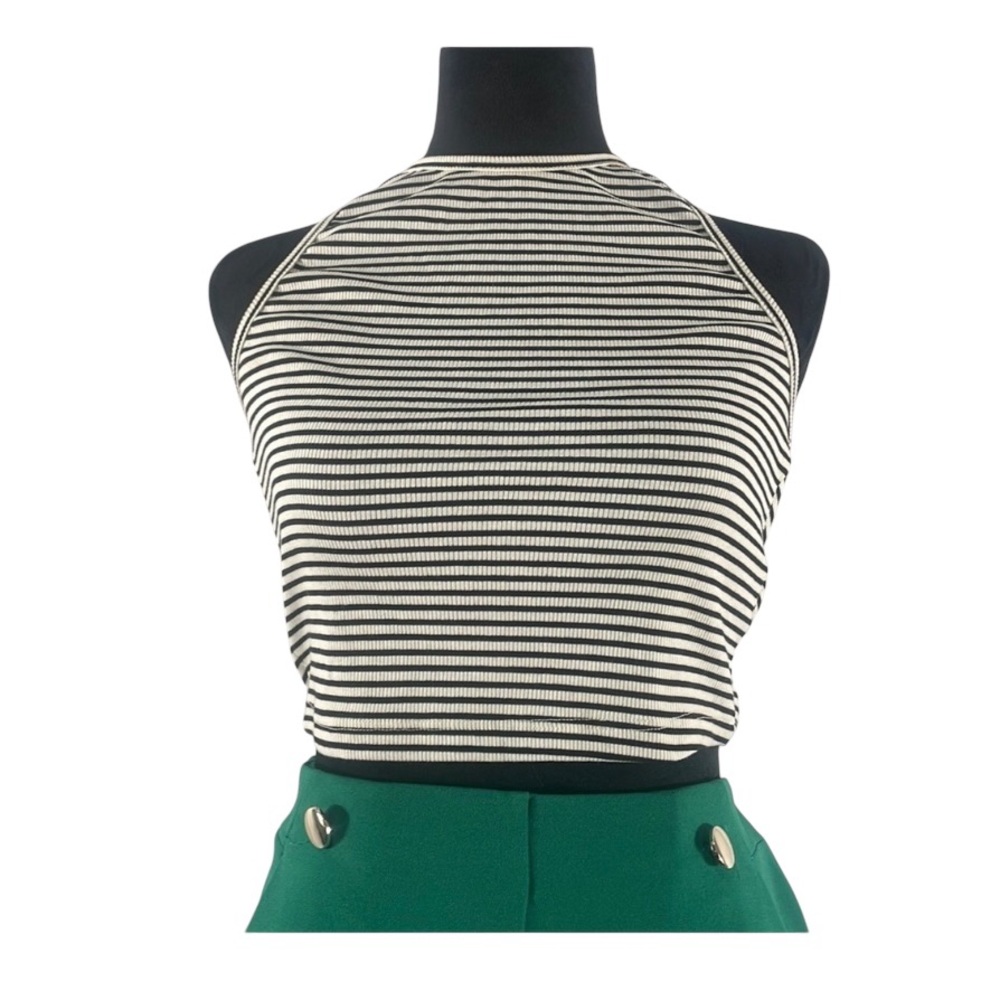 Black and White Crop Tank Top with Mock Neck and Sleeveless, Small